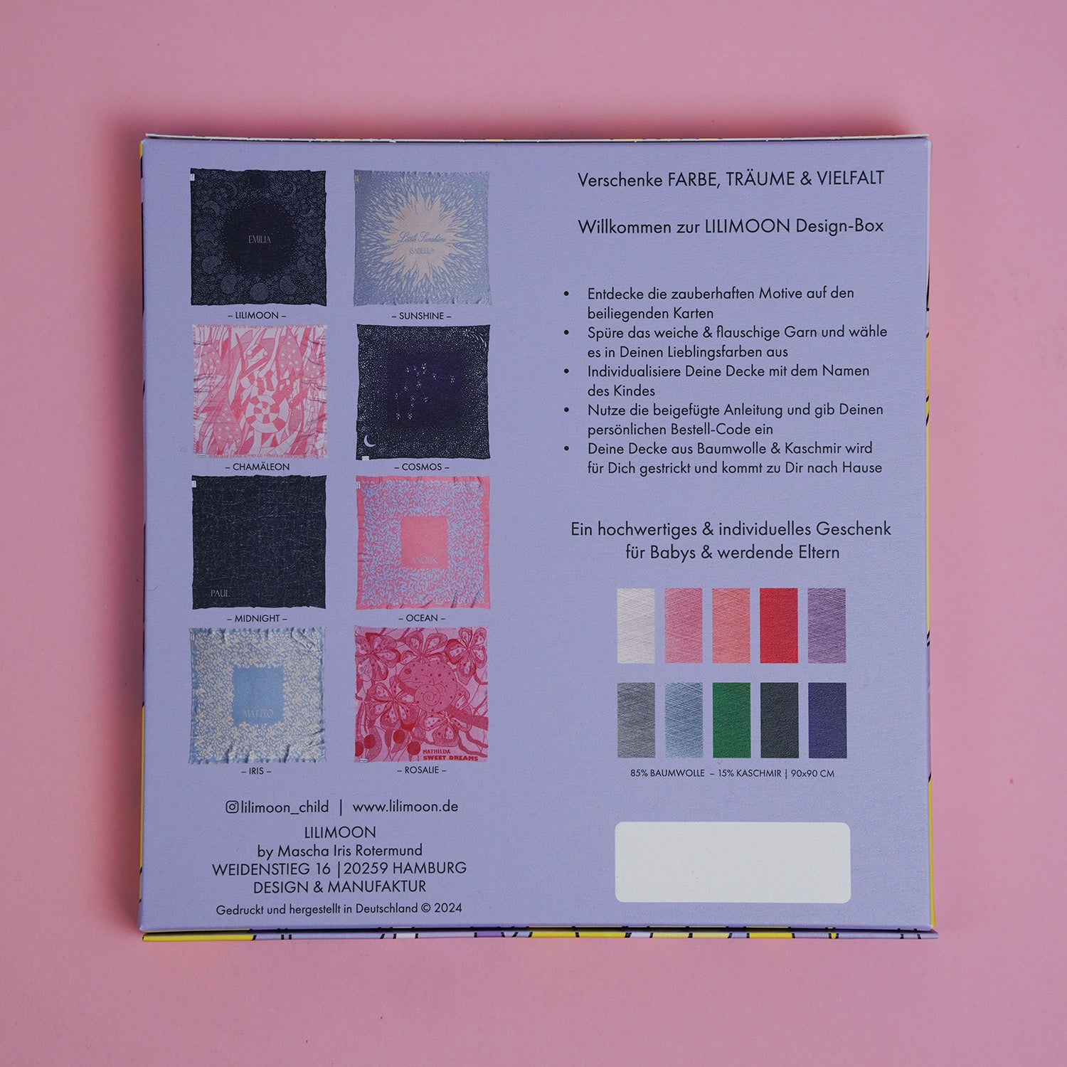 Rückseite der LILIMOON Design-Box mit Designübersicht und Farbauswahl für personalisierte Babydecken
